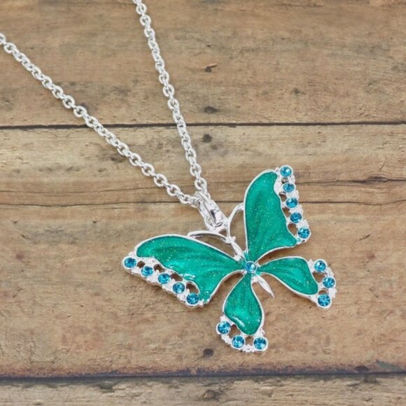 Large green butterfly pendant necklace in shiny enamel and blue crystals - Picture 2 of 7